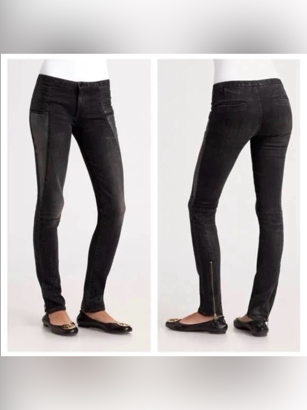 EUC Tory Burch Leather & Denim Biker Leggings jeans, black logo, size 26